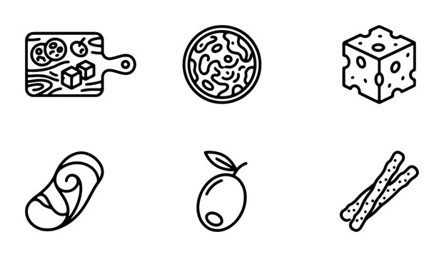 Charcuterie Board Icons, Cheese Cubes, Olives, Salami, Breadsticks, Vector Set