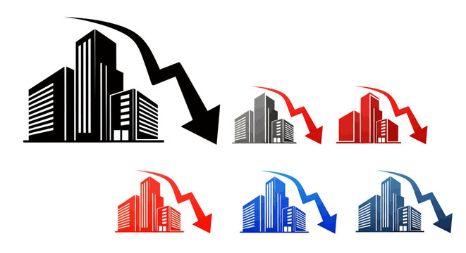 Stylized city skyline with dynamic arrows indicating growth and decline.