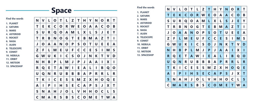 Word search puzzle featuring space-themed words and grid layout  