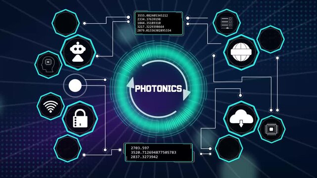 Advanced photonics laser light architecture displaying fast fiber optic transmission channels and advanced node systems