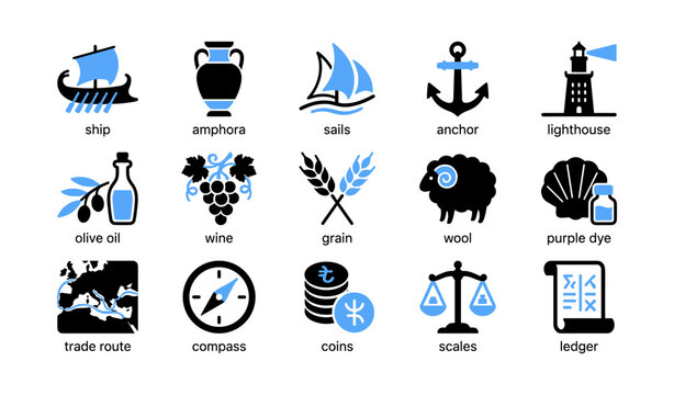 Maritime trade and commodity icons arranged on white background