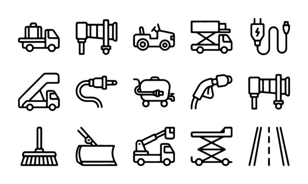 Airport Ground Support Equipment Icons, Vehicle & Machinery Set, Transportation Service Vector Graphics
