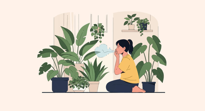 Flat vector illustration of a woman practicing mindful deep breathing exercises while kneeling indoors surrounded by various lush green potted houseplants and tropical leaves.