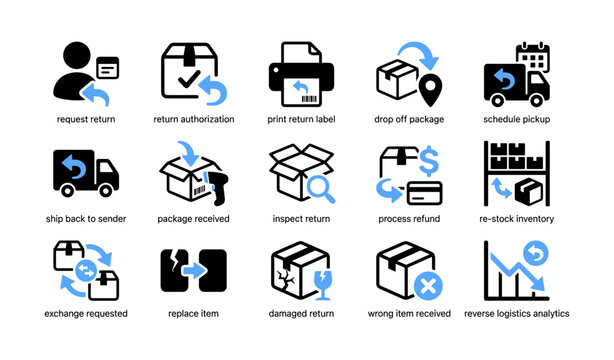 Return process icons illustrating reverse logistics on white