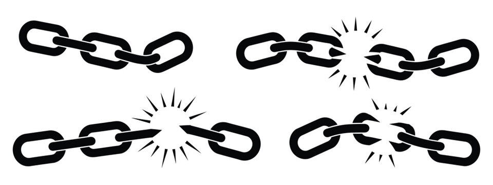 Broken chain disconnect icons featuring separation and unlink symbols for security, communication, and connection failure concepts. Vector illustration.