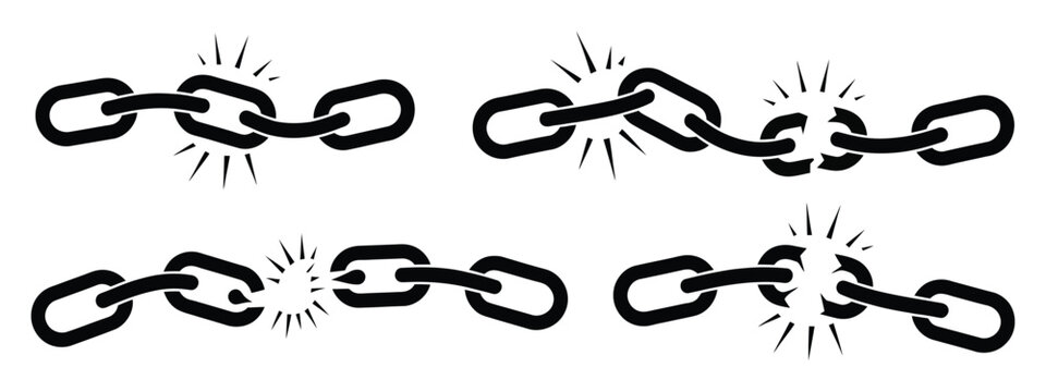 Broken chain disconnect icons displaying unlink and disconnected connection symbols for network errors, restriction, and isolation themes. Vector illustration.