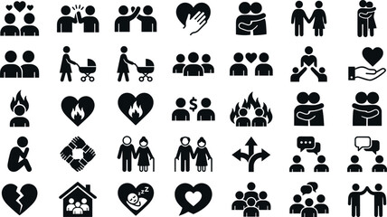 Obraz premium Relationship and Psychology Solid Glyph Icon Set with Love, Family, Counseling, Emotion, and Community Symbols for Mobile Apps and Infographics