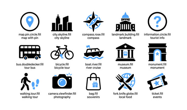 Travel icons showing tours transport and attractions