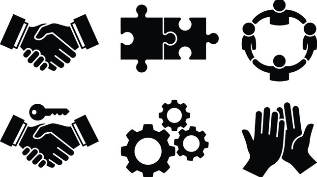 Business Partnership and Teamwork Silhouette Icon Set Featuring Handshake Puzzle Pieces Gears Community Circle and High Five Hands Vector Illustrations