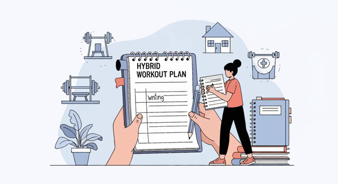 Vector illustration of hands holding a clipboard titled Hybrid Workout Plan, featuring a person writing, gym equipment icons, a house icon, and notebooks for fitness organization.