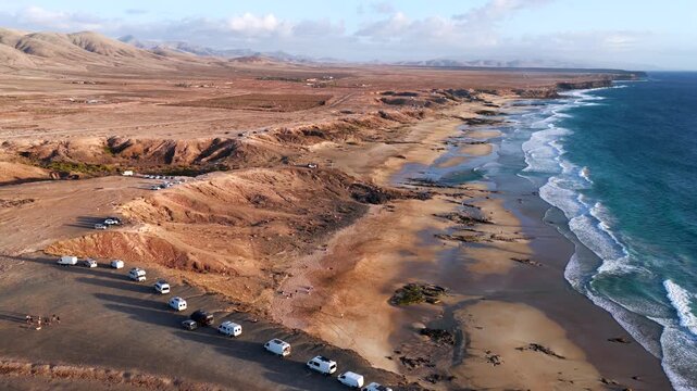 Corralejo Fuerteventura Aerial View of Surf Vans and Caravans Parked by the Beach at Sunset