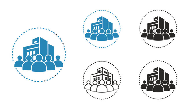 Circular icon set depicting urban buildings and skyline silhouettes.