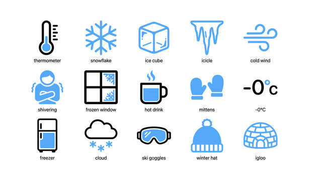 Cold weather and winter icons arranged on white background