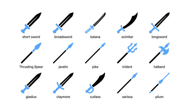 Icons of swords spears and polearms in grid layout collection