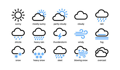 Fototapeta premium Weather icons showing conditions and precipitation types in rows
