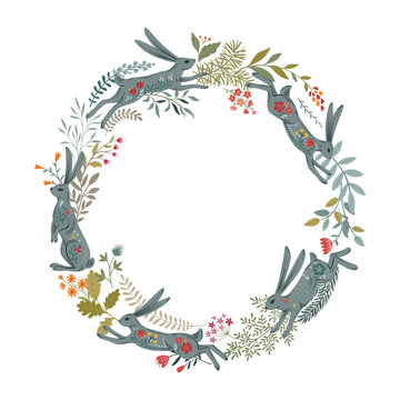 Vector hand drawn frame with animals in folk Nordic Scandinavian style. Hares, rabbits and tree branches in floral wreath
