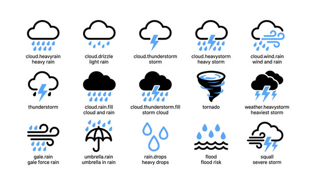 Weather icons showing rain and storm symbols on white background