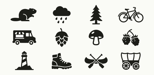Oregon state minimalist icons representing local culture and outdoor activities for tourism ads © 777SKYLABS
