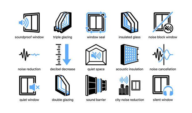 Window and soundproofing icons showing noise reduction features