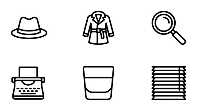 Detective Icons, Mystery Symbols: Hat, Trench Coat, Magnifying Glass, Typewriter, Drink, Blinds