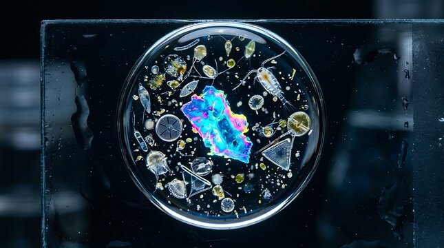 Microscopic plankton and colorful microplastic in a petri dish