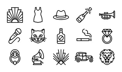Art Deco Icons Set: Flapper Dress, Fedora Hat, Champagne Bottle, Trumpet, Microphone, Cat, Car, Lion © Anwar