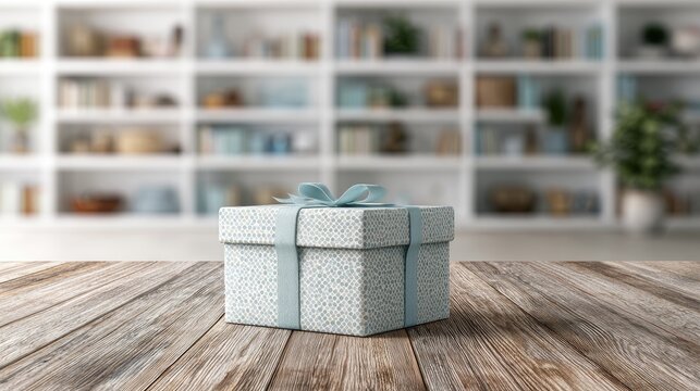 A light blue patterned gift box with a ribbon sits on a wooden table