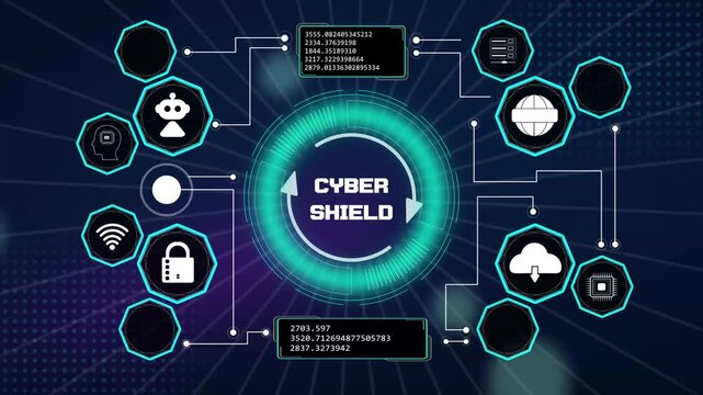 Innovative cyber shield mainframe display presenting deep data defense configurations and global web firewall layers