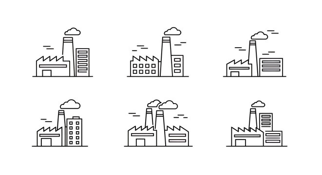 Set of simple line drawings showing multiple factory buildings with smokestacks and chimneys.