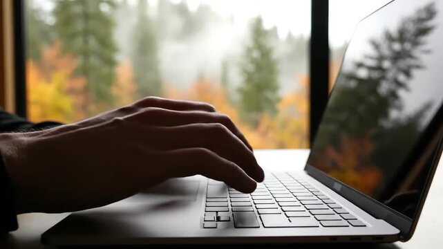 Close up of hands typing on laptop keyboard with scenic misty autumn forest window view
