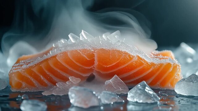 Close-up of a fresh salmon fillet on ice with steam, showcasing its vibrant orange color and glistening texture, perfect for culinary and food photography