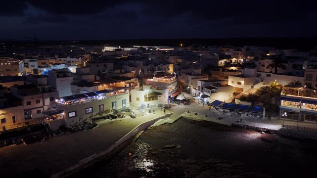 El Cotillo Fuerteventura Aerial View of Coastal Village Shorefront Restaurants and Hotels at Night