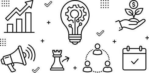 Business strategy and growth line vector icon set with lightbulb financial chart marketing megaphone investment and planning elements © MD