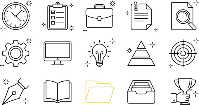 Business and office line vector icon set with clock briefcase lightbulb target trophy computer folder for project management