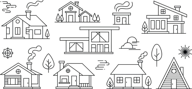 Residential housing and real estate line vector icon set with modern villa cozy cabin chimney smoke and trees elements