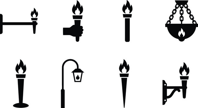 Set of seven simple black fireplace and torch icons with flames on top Vector