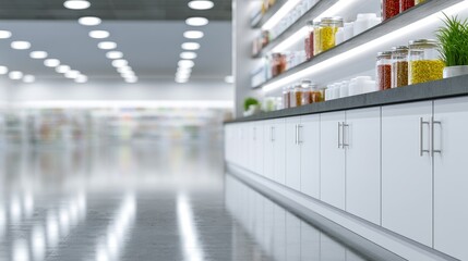 Fototapeta premium Shelves of jars filled with colorful ingredients displayed in a clean, modern store