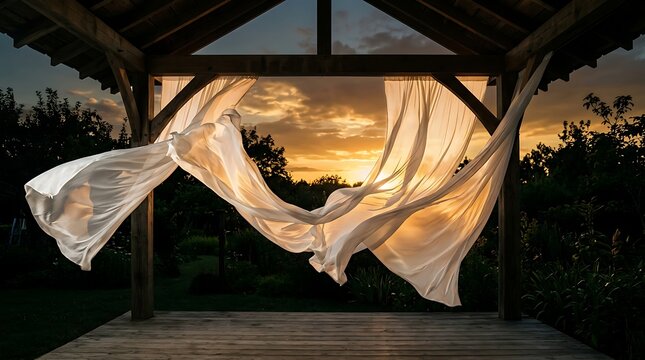 White curtains blowing in the wind at sunset in a wooden gazebo