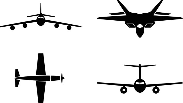 Aircraft Silhouette Collection Featuring Passenger Airplanes Fighter Jets and Aviation Transport Icons for Aerospace Design Projects