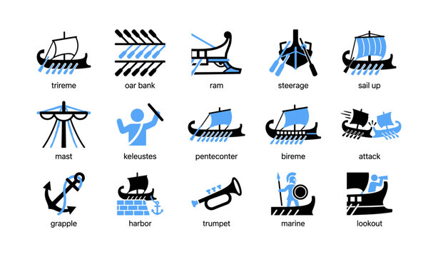 Icons illustrating ancient ships and maritime terms on white