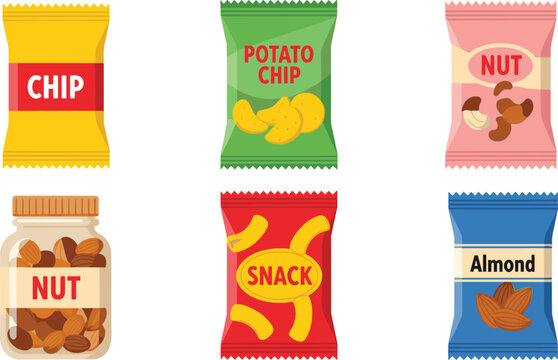 Flat Snack Packaging Mockup Vector Set Featuring Potato Chips Corn Puffs Assorted Nuts Glass Jar and Almond Foil Bags for Food Marketing Graphic Designs