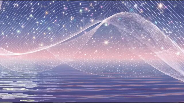 Abstract digital wave patterns over water surface with glowing sparkles and colorful light trails in a night sky setting