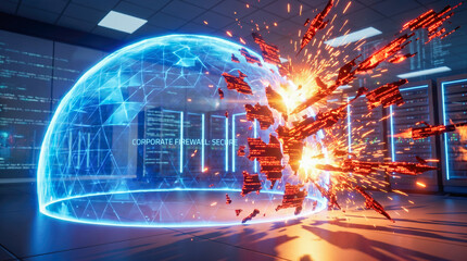 Fototapeta na wymiar glowing blue corporate firewall forcefield dome exploding shattering under dangerous cyber attack network security data breach technology concept rendering background