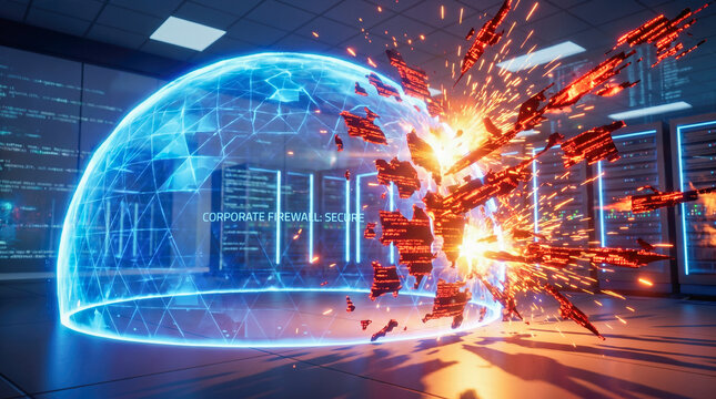 glowing blue corporate firewall forcefield dome exploding shattering under dangerous cyber attack network security data breach technology concept rendering background
