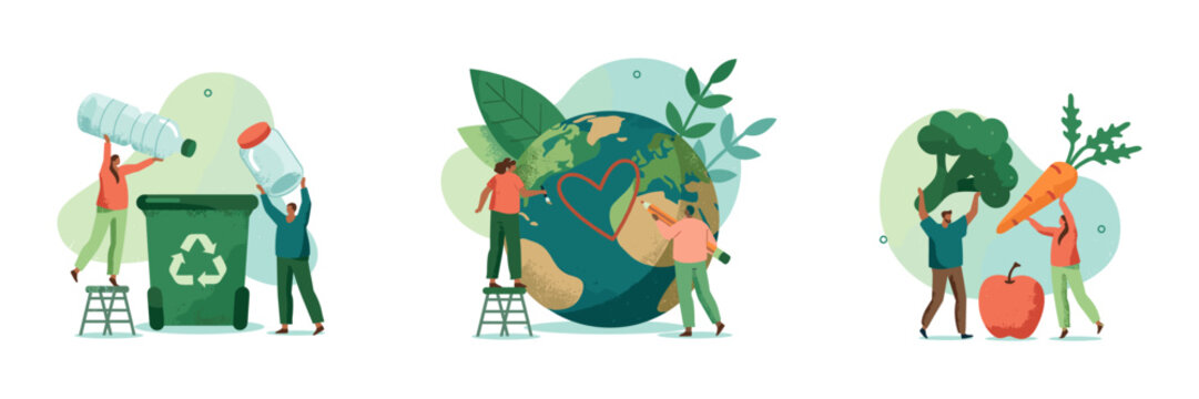 Environmental protection and healthy lifestyle concept illustrations with eco friendly earth day environment sustainability recycling vegetables conservation lifestyle protection management