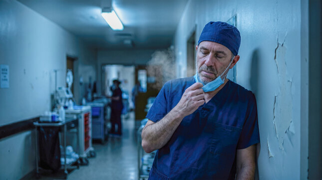 Depleted senior male surgeon wearing blue scrubs leaning against damaged hospital corridor wall pulling down medical mask feeling completely overwhelmed after surgery