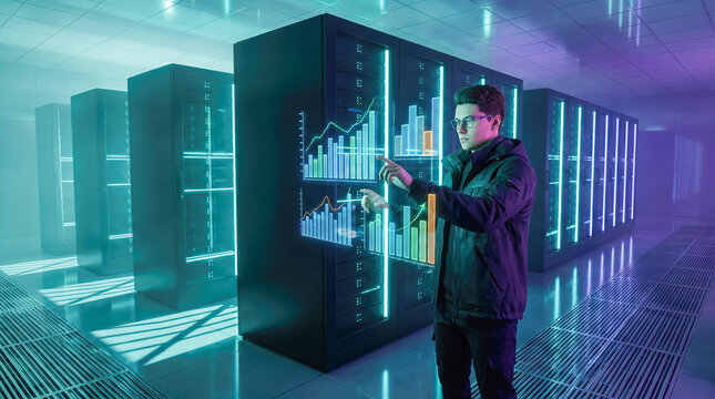 Focused IT specialist wearing glasses manipulates floating holographic data graphs inside advanced computer server room illuminated by vibrant cyan and purple lights