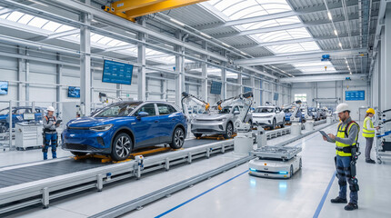 Modern automotive factory interior showing electric vehicle production line with robotic arms human workers assembling blue crossover suv smart manufacturing industry automation concept