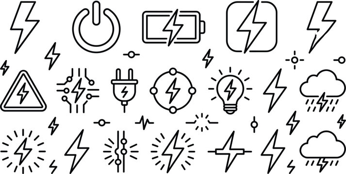 Electricity and power energy line vector icon set with lightning bolt battery plug power button storm cloud and lightbulb elements