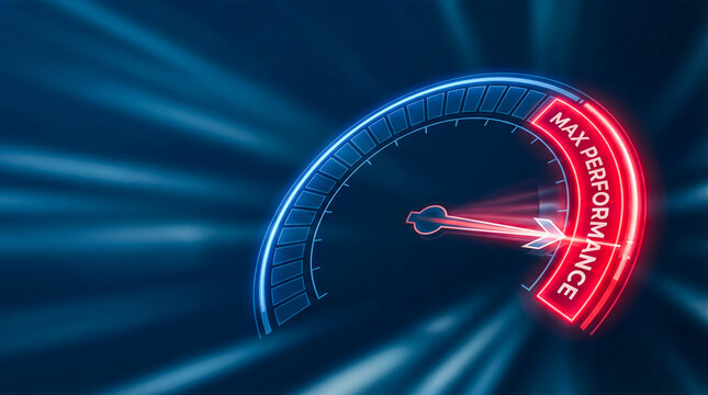 maximum performance concept fast speed glowing neon speedometer tachometer dashboard dial rapid acceleration power abstract technology background motion blur futuristic graphic UI interface indicator